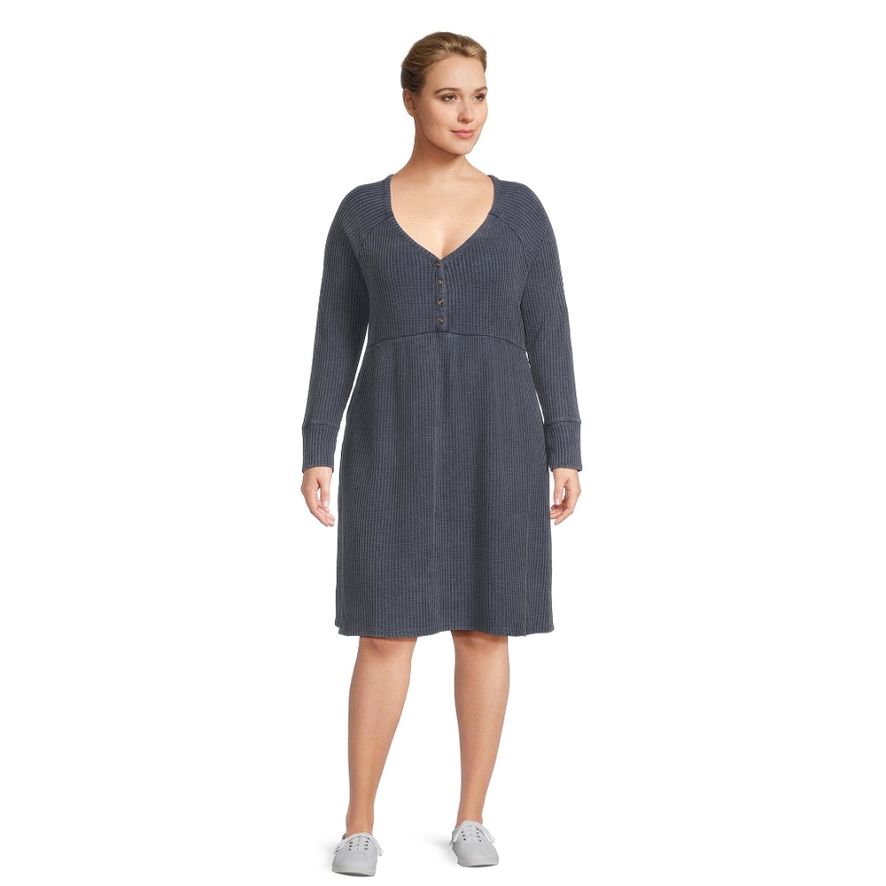 Terra & Sky Long Skeeve Waffle Knit Swing Dress Sz 0X = 14W Blue